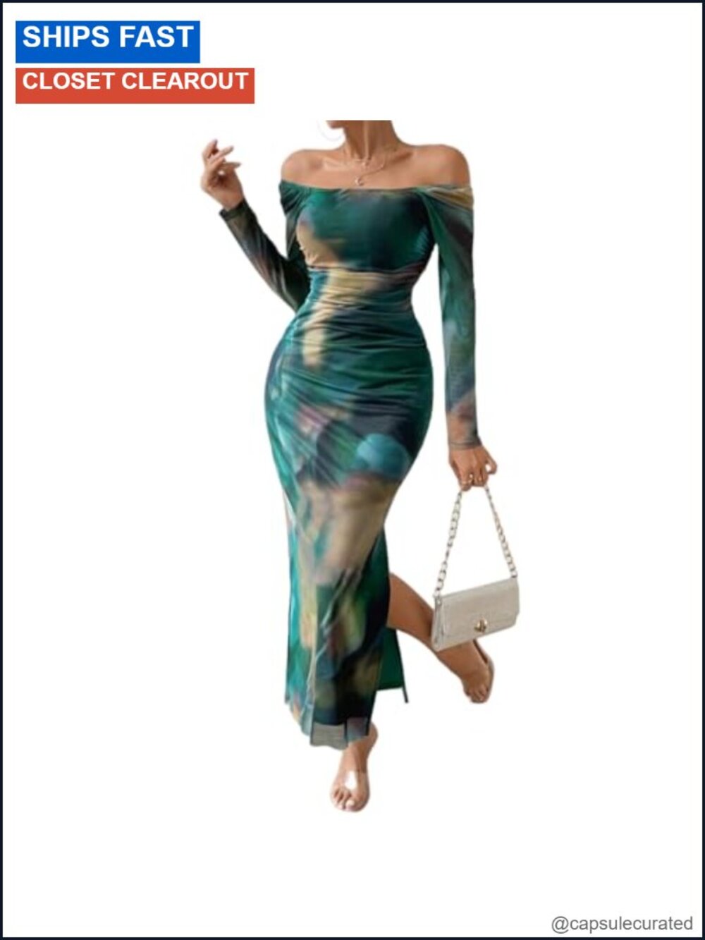 Off Shoulder Maxi Dress Long Sleeve Bodycon Ruched Mesh Cocktail Party